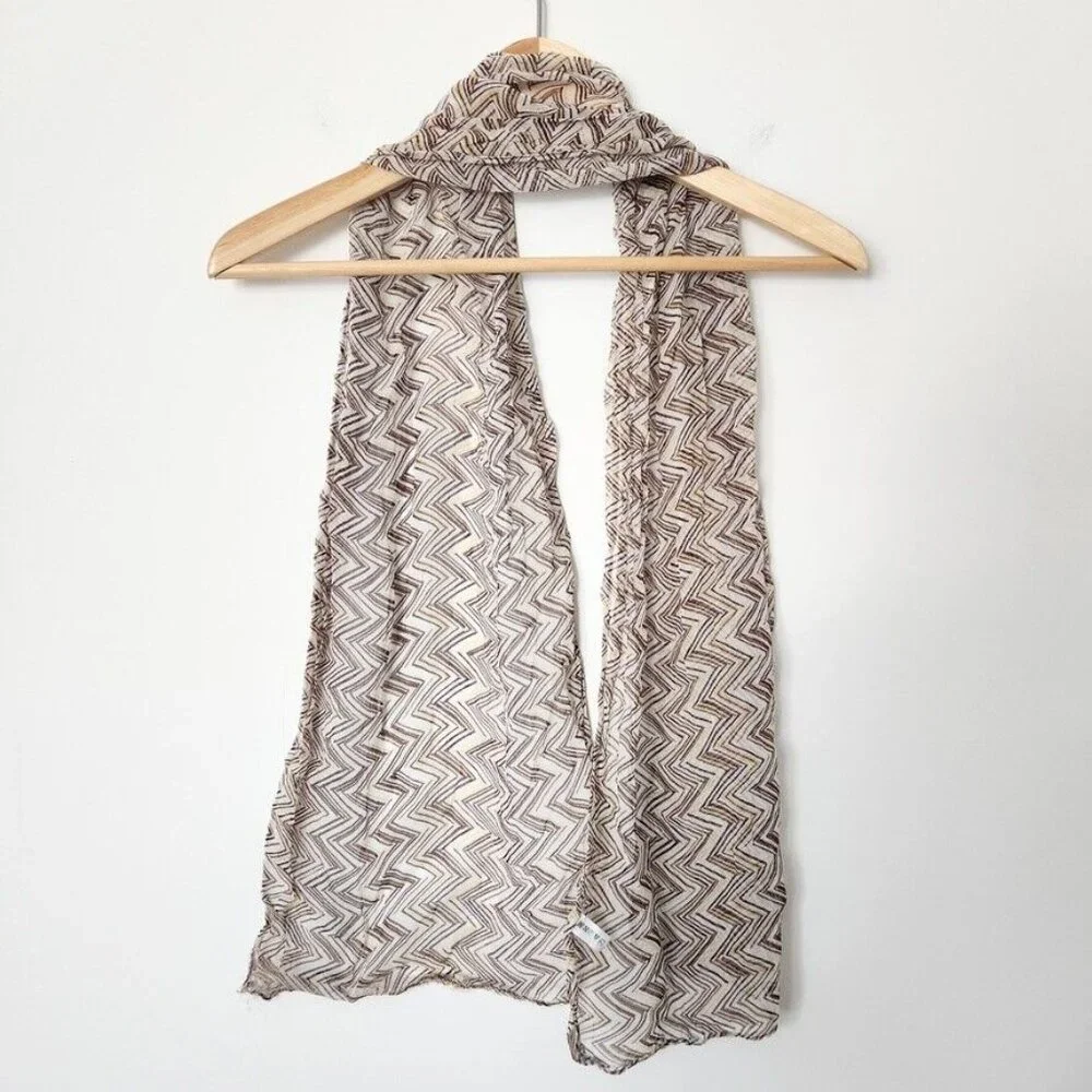Y2K Skinny Scarf Zig Zag Print Lightweight India Brown Yellow Neutral Preppy Vtg